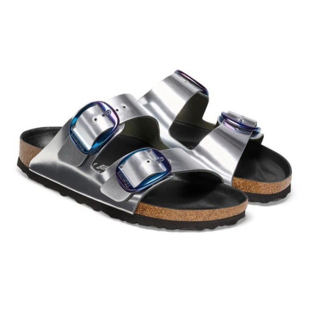40 N Birkenstock New With Box Arizona Big Buckle Metallic Silver Leather